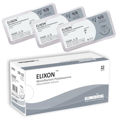 ELIXON Suture with Taper Point Needle, 12 Pack. Sutures for Surgical Wound Training Students, Practice and Educational Use. Polydioxanone Absorbable Material 4/0 PDO, 30”, RB1, Violet 304PDO