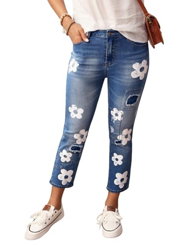 Urchics Womens Casual Pants Women Floral Print Pocket Ripped Skinny Casual Jeans, Versatile