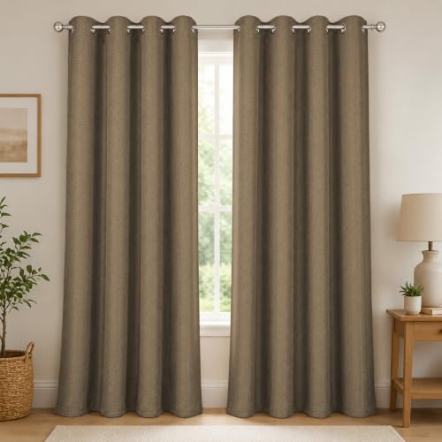 Image of LINENWALAS 100% Blackout Curtains for Window (5 Feet) - Set of 2 Panels, Herringbone Linen Texture Complete Light Block, Thermal Insulated & Noise Reducing Room Darkening Drapes (Coffee Brown)