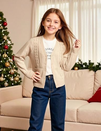 Image of Girls' Cardigan Sweater Long Sleeve Button Down Knit Sweater with Pockets School Uniform Outerwear 4-13 Years