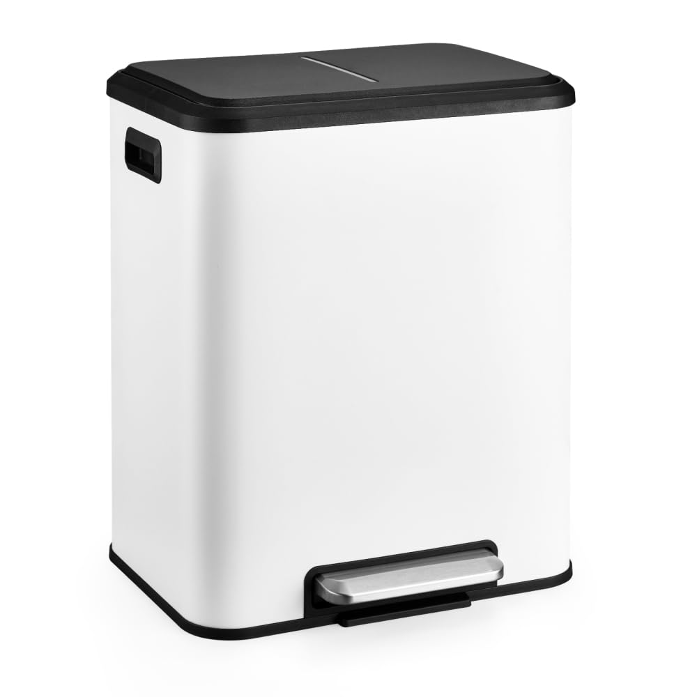 Trash Can, 2 x 4 Gal (2 x 15L) Stainless Steel Garbage Can for Kitchen,2 Compartments,with Hinged Lid and Inner Buckets,Side Handles,Steel Pedal,Fingerprint-resistant,Easy to Clean and Use white