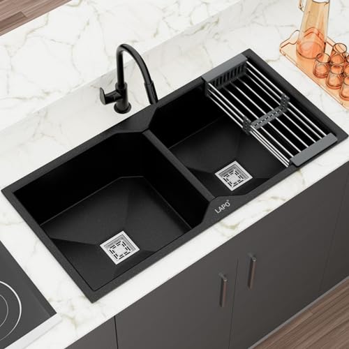 Image of LAPO Dual Bowl Quartz Granite Kitchen Sink | 37x18 Inch UV Protected Surface & Reduce Water Splash Noise | Tap Hole, Coupling, Drain Basket & Hose Pipe | 3 Year Warranty (Black Metallic)