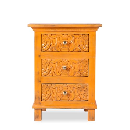 Image of Wooden Bedside Table for Bedroom | Solid Wood Astha Bedside Table with Drawers | Corner Side Table for Living Room | Traditional Handcrafted Furniture for Home Decor (Orange Distress)