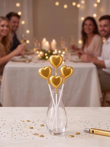 Image of Gold Heart Cake Candles Set | Premium Metallic Romantic Candles with Holders for Birthday, Anniversary & Valentine Celebrations