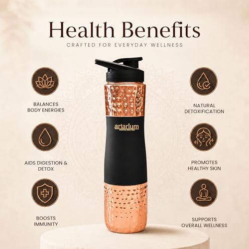 Image of Artarium Sipper Bottle 100% Pure Lightweight Copper Water Bottle Leak Proof Protection Durable & Rust Proof Hammered Copper Bottle With Added Health Benefits (Sipper Water Bottle Black 1 Litre)