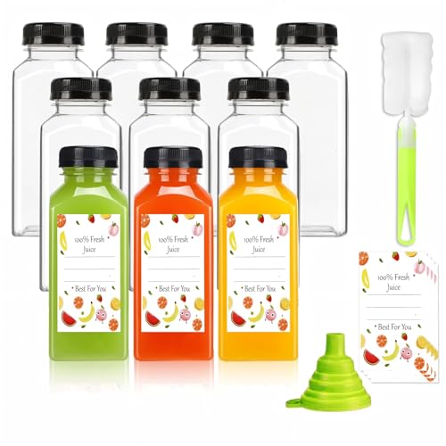 Plastic Juice Bottles with Caps 10pcs 12oz Reusable Juice Containers with Black Tamper-Evident Lids Clear Bottles for Juicing Milk Smoothie Bottle Drinking with 10 Labels Brush and Funnel