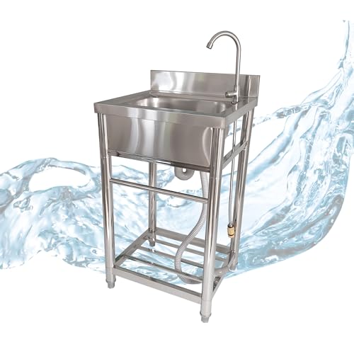 Lemodo Spültisch freistehend – Edelstahl Spültisch mit Wasserhahn, Gartenschlauch-Anschluss, mobiler Spültisch für Outdoorküche, Gastro und Camping, freistehende Küchenspüle mit Ablage