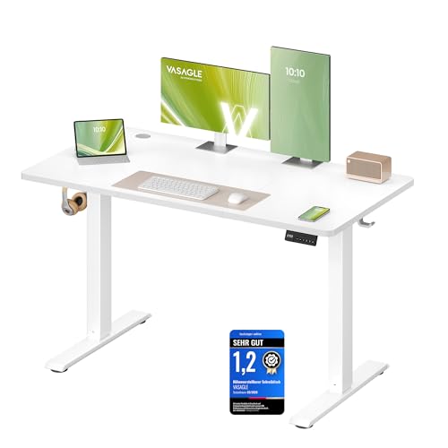 VASAGLE Höhenverstellbarer Schreibtisch, Stehtisch, Computertisch, Erinnerung bei langem Sitzen, Memory-Funktion mit 4 Höhen, für Büro, 120 x 60 cm, wolkenweiß LSD312WZ03