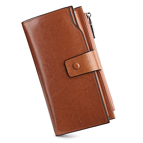 Image of YALUXE Women's RFID Real Leather Wallet with 21 Card Slots Phone Pocket | Waxed Leather, RFID Blocking, 20 Credit Card Slots, 1 ID Window, 3 Slit Pockets, Bill, Ticket, Phone Pocket