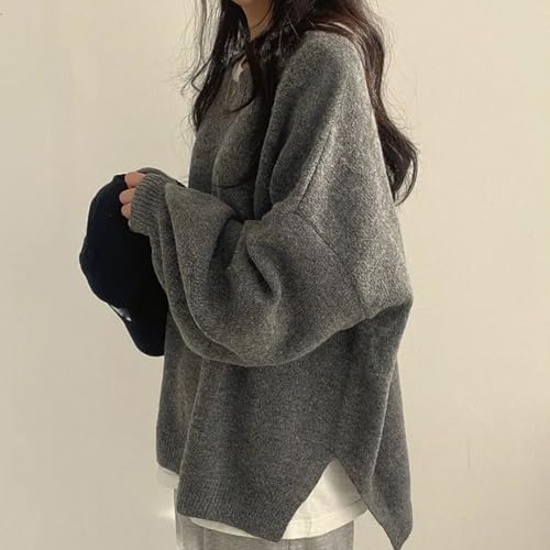 Women's Solid Knitting Split Hem Crewneck Jumper,Women's Long Sleeve Pullover Sweater Fall Casual Soft Ribbed Knit4