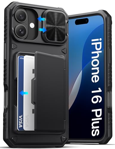 ATATOO for iPhone 16 Plus Case with Card Holder (Store 3-5 Cards) [RFID Blocking] & Slide Camera Cover Military Grade Protection Rugged Silicone Wallet Case for iPhone 16 Plus 6.7 2024 Black