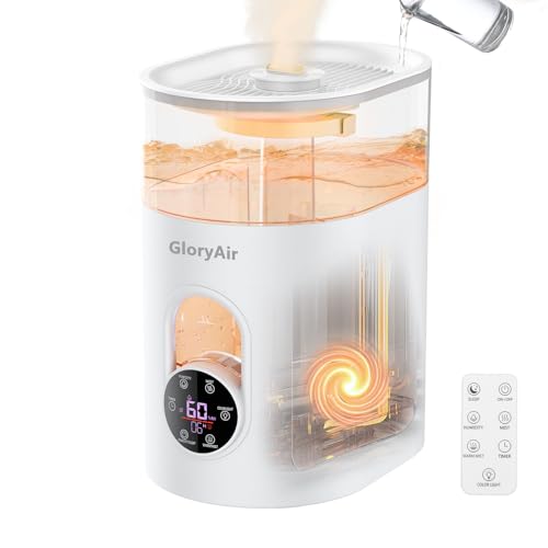 Humidifiers for Bedroom Large Room Home - GloryAir 6L Quiet Top Fill Cool & Warm Mist Humidifier with Smart Humidity Control, Remote Control, 7-Color Light, Humidistat, Oil Diffuser for Plants & Baby