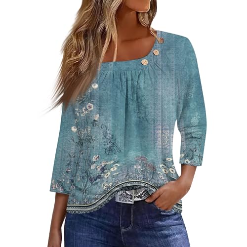 SCBFDI Blusas Mujer Tallas Grandes, Camisetas de Manga 3/4 para Mujer Hawaii Flower Graphic Scoop Neck Elbow Length Top Swing Plisado Botones Túnicas de Vacaciones, Camiseta Negra Mujer Basica