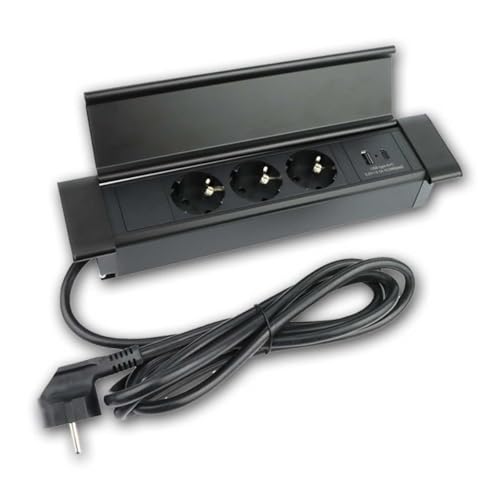 Toma de corriente empotrada de escritorio FLATBOX de 3 salidas con USB-A y USB-C – Toma de corriente empotrada delgada de aluminio/plástico, 230 V, 3600 W, cable de 1,8 m, IP20 – Para escritorios, enc