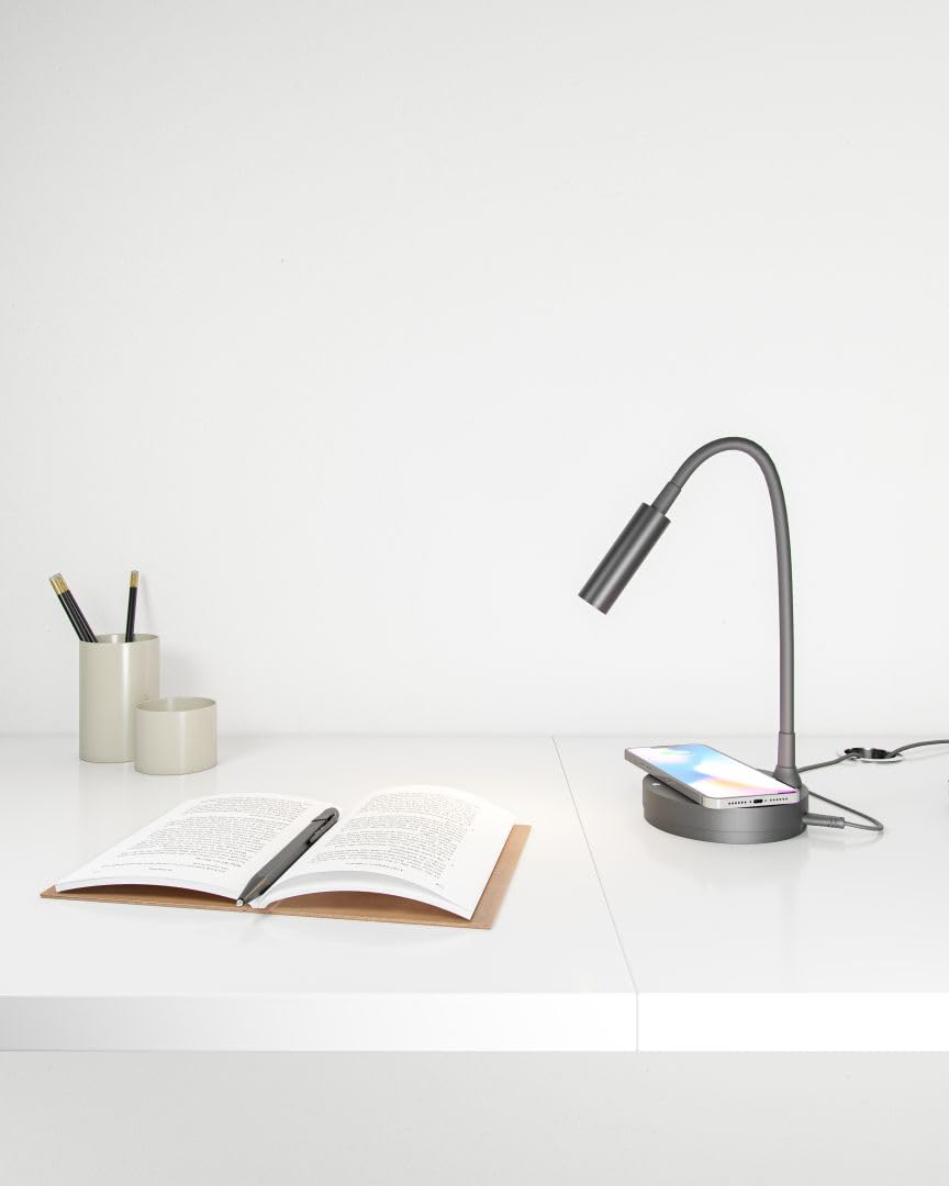 Beneito Faure Lampada da Tavolo Led Stem - 5W, Luce calda, Per scrivania, lettura e comodino, Ricarica Wireless, Testa Orientabile - Colore Nero
