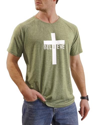 Men's Short Sleeve Crewneck Graphic Tee Believe Cross Print Christian Shirts Workout Shirts2
