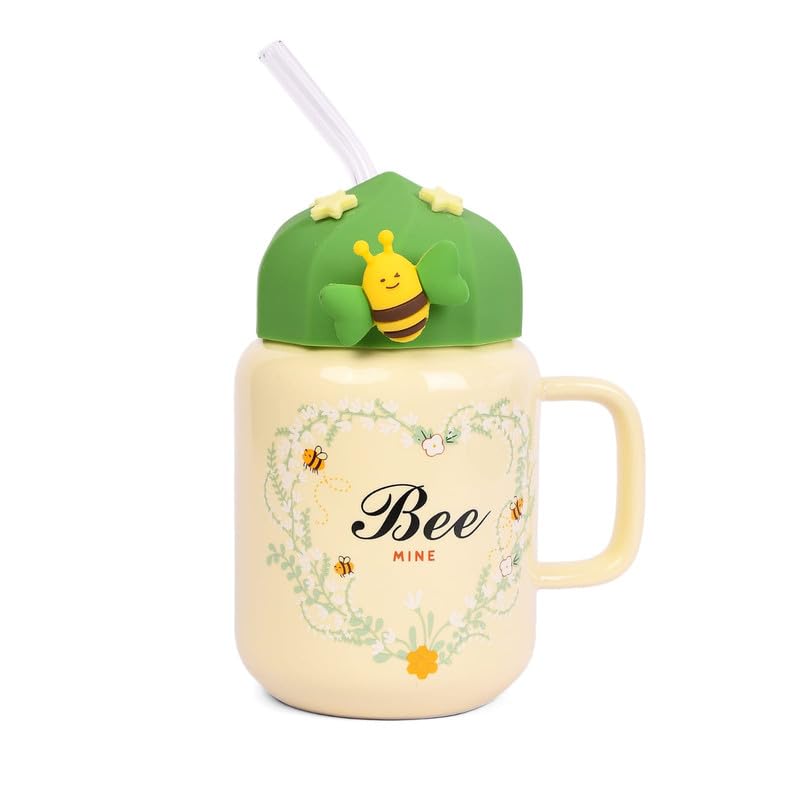 Cutie Cubs Honey bee Desing Ceramic Mugs with Ceramic Lid and Straw, Lovely Tea Cups Best Gift for You Little Ones Birthday,and Every spacial Occasion (1PCS, Each 400ML Green)