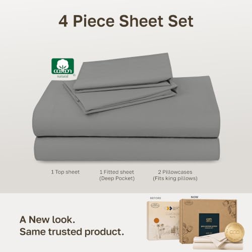 Image of Soft Natural 100% Cotton Sateen King Size Sheets Set, 4 Pc Set, Misty Grey