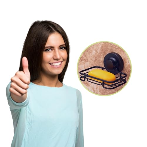 Gecko-Loc Soap Dish suction mounting bath soap bar holder for bathroom, metal bath shower bathtub wall tile or kitchen sink soap or sponge dishes - Black