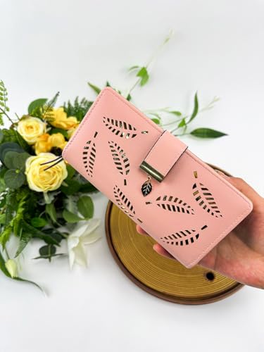 Women's Leather Wallet Credit Card Holder Purse Leaf Bifold Long Wallet Elegant Purse Buckle Zipper Clutch, Pink2
