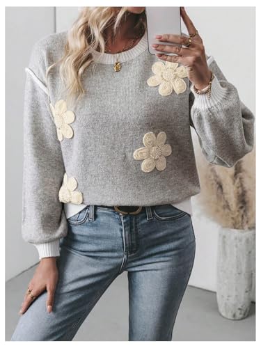 Floerns Women's 3D Floral Long Sleeve Knitted Pullover Top Loose Fit Crew Neck Sweater2