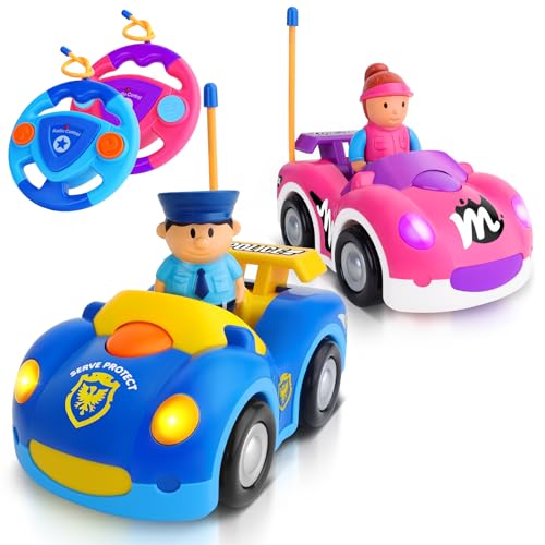 2 Pack Cartoon Remote Control Cars - Police Car & Race Car for Toddlers 2-4 Year RC Distance 164 Feet with LED Lights & Music, Toddler Remote Control Cars Ages 2-4 Boy Girl Christmas Birthday Gifts