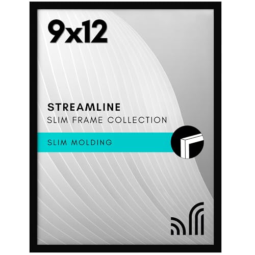 Americanflat 9x12 Picture Frame with Shatter-Resistant Glass - Streamline Collection - Thin Border Photo Frame for Tabletop and Wall Display - Hanging Hardware and Easel Stand Included - Black
