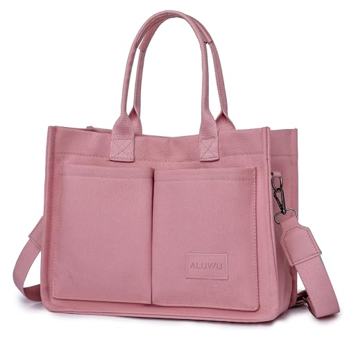 ALUWU Work Tote Bags for Women, Canvas Tote bag Womens Purse Handbags Crossbody Laptop Book Bag for Travel Nurse College Gifts, Pink