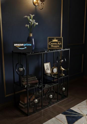 Image of Console Table with Storage, Modern Engineered Wood, Gold Metal Frame with Decorative Spheres, 30x30x7.5 Inch (Black Black)