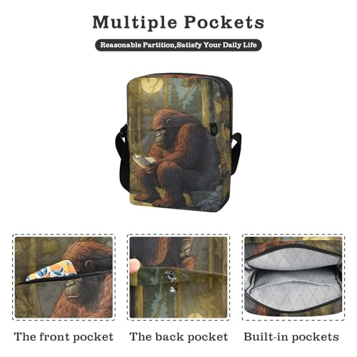 Crossbody Sling Bag for Women Men, Zipper Closure Messenger Bags Sasquatch Reading Print with Card Phone Passport Compartment 6.6×9.4×2.5 IN2