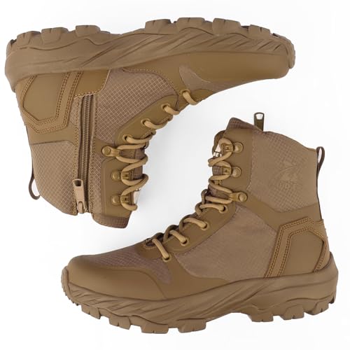 LUDEY Combat Boots for Men Lightweight Tactical Boots YKK Side Zip Combat Boots Breathable Combat Boots Comfortable Military Boots Army Boots, brown, 9 UK