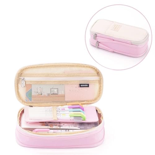 Image of Canvas School Bag Pencil Case, 3 Layer 6 Compartment Large Capacity, Aesthetic Pencil Pouch for Stationary, Cute Stationery for Kids, Pencil Case for Girls & Boys (Pink)