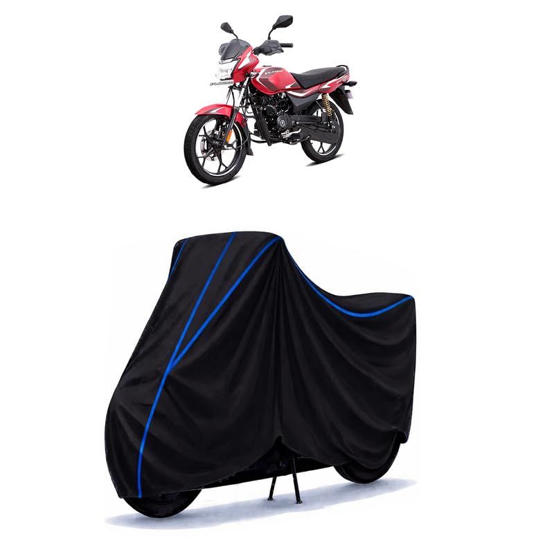 Image of Bajaj Platina 125 BS6 Bike Cover Water Resistant Universal Motorcycle Rain | Heavy Duty UV Protection, Dust, Scratch Indoor Outdoor All Weather with Black Blue Piping Elastic