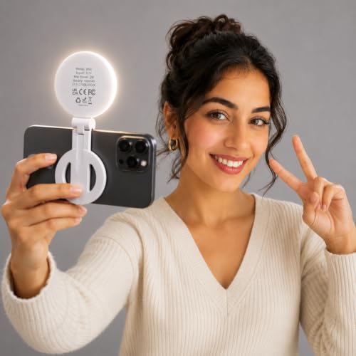 Image of Magnetic Selfie Light for Phone with 180 Rotation - Mag Safe Compatible with Adhesive Metal Ring for Android, 3 Color Modes for Reels, Video Calls, Live Streaming & Content Creation (White)