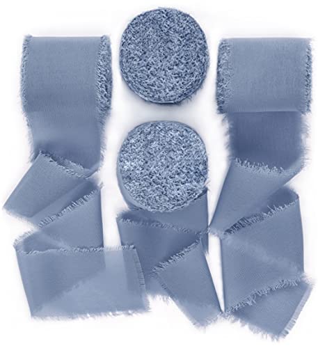 Socomi Dusty Blue Handmade Fringe Chiffon Silk Ribbon 1-3/4