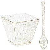Blue Panda 200 Pack Gold Glitter Square Dessert Cups with Glitter Spoons - 2oz