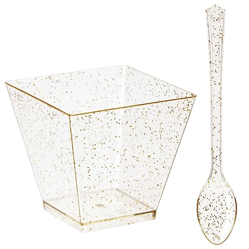 BLUE PANDA Shooter Cups with Spoons - Gold Glitter Square, 2 oz Disposable, 200 Count Pack - Mini Dessert Bowls & Disposable Dessert Cups for Party