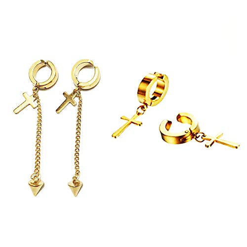 3 Pairs Stainless Steel No Piercing Hoop Earrings,Non-Pierced Dangle Skull Cross,Triangle Tassel Earrings for Men Women,Hypoallergenic (tassel & short cross(gold))