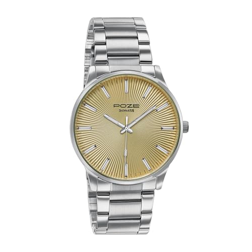 Image of Sonata Poze 8 Quartz Analog with Yellow Dial IPS Stainless Steel Strap Watch for Men - SP70053SM02W