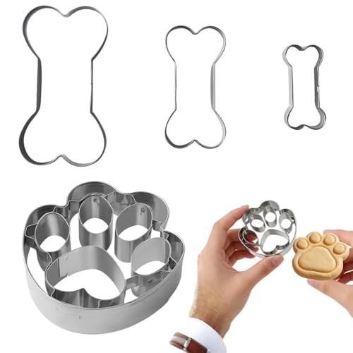 4 pcs Set d’emporte-pièces en forme d'os et de patte de chien,Emporte-Pièces en Forme d'Os pour Chiens,Emporte-pièces Inoxydable Biscuit pour Biscuits, Gâteaux,...