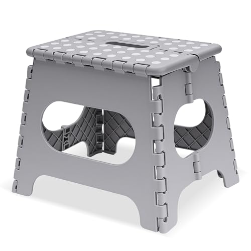 Folding Step Stool, 11 Inch Foot Stool for Kids Adults - Holds Up to 330 lbs, Lightweight Foldable Step Stool with Anti-Slip Surface, Carry Handle for Home Indoor Outdoor (Light Grey)