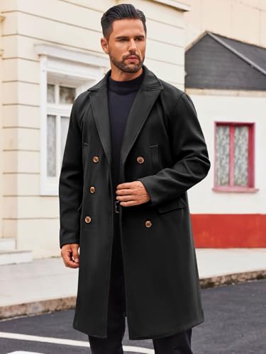 Image of Runcati Mens Trench Coat Notch Lapel Slim Fit Double Breasted Casual Long Business Pea Coat Overcoat