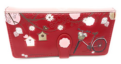 Shag Wear Vintage Postcard Bicycle Large Wallet for Women and Teen Girls Vegan Faux Leather Salmon 7"2