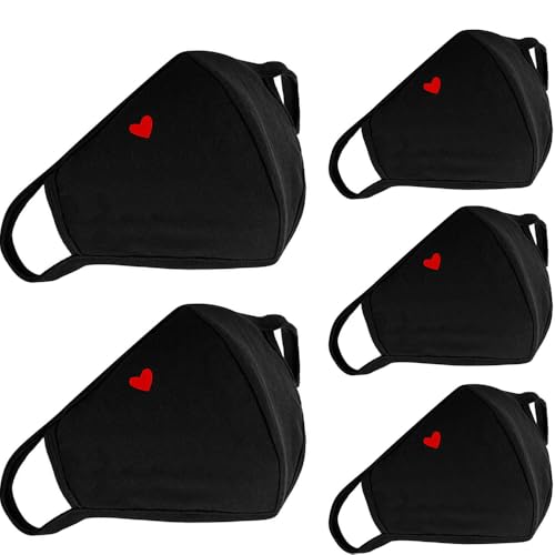 comfso 5 Pack Cute Heart Cloth Face Masks, Face Masks Reusable and Breathable Face Cotton Covering with Nose Bridge Wire for Men Women Adult