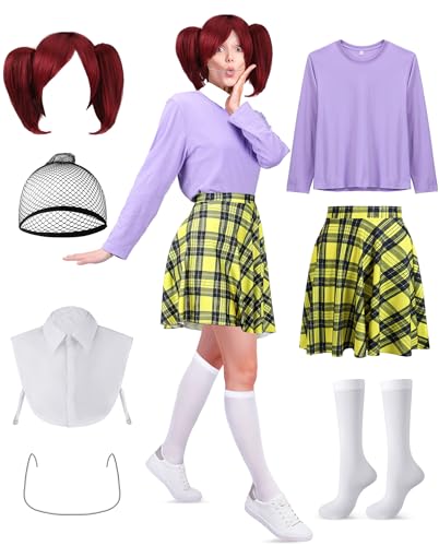 MiniInflat 6 Pcs Halloween Women Costume Accessories Include Red Ponytails Wig Yellow Pleated Plaid Skirt