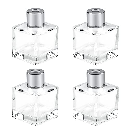4 Pcs Glass Diffuser Empty Clear Bottles 50ml Essential Fragrance Oil Reed Diffusers Set Small Square Glass Diffuser Bottles with Caps for Home Bathroom Decorative Fragrance Accessories Use