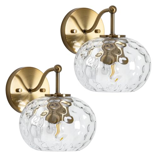 Image of Modern Iridescent Glass Wall Sconce Gold Brass Wall Light Set of 2 Hammered Clear Glass Vanity Light for Bedroom Hallway Living Room Stairwell Bathroom Over Mirror