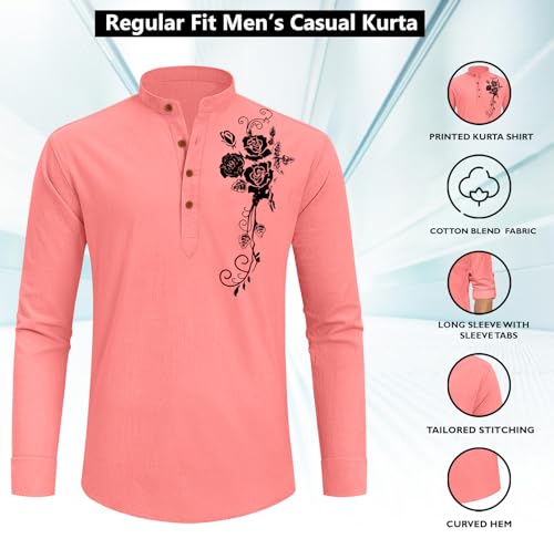 Image of Zombom Men's Cotton Polyester Blend Mandarin Collar Self One Design Printed Full Sleeve Casual Short Kurta