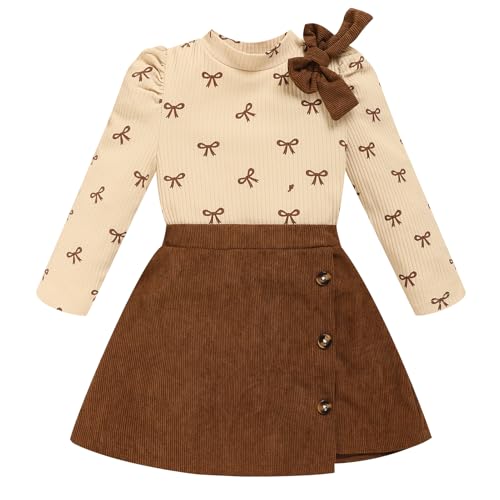 TITKKOP Toddler Girl Plaid Outfits Fall Winter Dress Knit Ribbed Bow Sweatshirt Tops and Button Fashion Skirts Setbrown+corduroy 5T