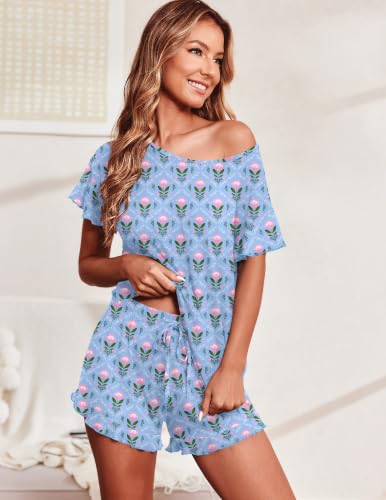 Image of Ekouaer Women's Pajama Set Ruffle Sleeves Top and Short Soft 2 Piece Loungewear Set
